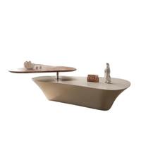 Table basse moderne double couche style farmhouse, finition grain de bois, placage soleil, base sculpturale crème pour mobilier de salon OEM