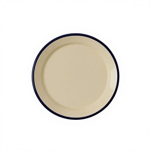 Assiette Ronde Plate en Métal Émaillé Beige avec Bord Bleu Marine, Assiettes Personnalisées, Présentoir à Plats, Vaisselle Moderne et Décorative - Product Image 1