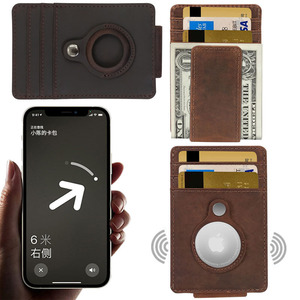 Leather Card <b>Holder</b> With AirTag Slot For Credit Card 6 Inch Genuine Leather <b>Wallet</b> Solid Color Coffee Brown - Product Image 1