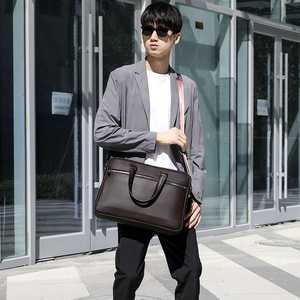 Sac à ordinateur portable en cuir, mallette d'affaires grande capacité, double fermeture éclair, 14 pouces, sac à bandoulière pour homme, mallette fine en cuir de vachette portable - Product Image 5
