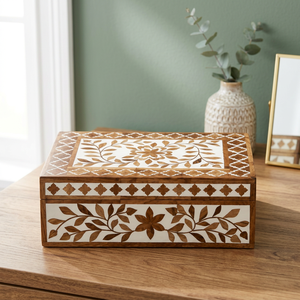 Boîte de rangement en résine avec incrustation en bois, matériaux écologiques, motif floral, rectangle, organisateur de bijoux décoratif pour boucles d'oreilles, colliers - Product Image 1