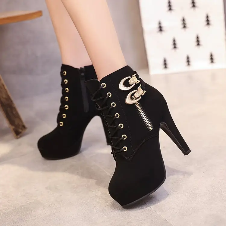 Fashion ladies chunky high heel boots black women cross straps round toe boots women