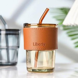 400ml <b>Bamboo</b>-Styled Eco-Friendly CE Certified Coffee Milk Gift Cup Leather Sleeve Heat Insulation Glass <b>Straw</b> Custom Accessories - Product Image 5