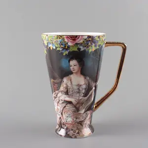 Caneca de cerâmica personalizada de porcelana branca com alça dourada, material de porcelana de grande capacidade, copos de café