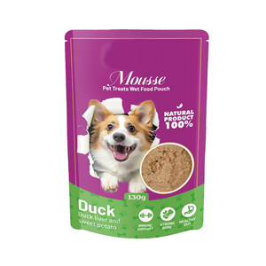 Aperitivo nutritivo para mascotas al por mayor, paquete de comida húmeda de 130g, comida húmeda para perros de todas las edades, bolsa de comida básica para perros con sabor a atún y pato - Product Image 1