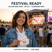 Badge de festival personnalisé en papier semence, passe événementiel musical plantable avec impression fluorescente et cordon pour festivals aux États-Unis, faible MOQ