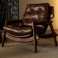 Fauteuil d'appoint en bois massif de style mid-century, fauteuil lounge design rétro américain en cuir ciré pour balcon et salon