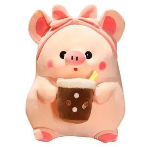 Bonito Kawaii Animal Toy Plush Pig Boneca Atacado Macio Toy Pink Pig Boba Tea Cup Boba Pig Travesseiro De Pelúcia