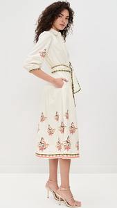 Robe maxi blanche à col en V, brodée, avec ceinture, décontractée, pour femmes, manches courtes, taille naturelle, 100% coton tissé - Product Image 2