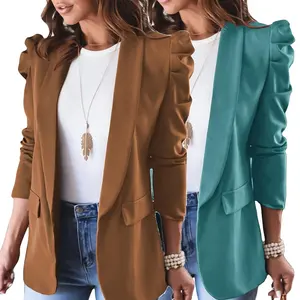 Damen Designer Anzüge Khaki Rüschen ärmel Revers Kragen Strickjacke Büro jacke Business Mantel Arbeits kleidung Blue Blazer