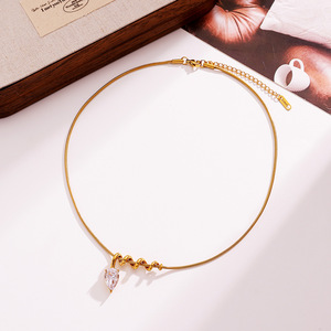 Collar de acero inoxidable con colgante de circonita en forma de gota de agua, cadena de hueso de serpiente, chapado en oro de 18k para mujer - Product Image 3