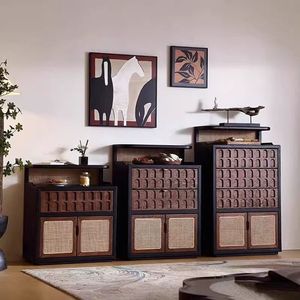 Solid Wood Sideboard Oak Rattan Woven <b>Storage</b> Cabinet Double Doors Nordic Style Entryway Furniture Small Apartment Home Use - Product Image 3