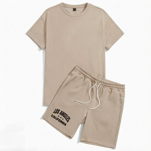 Ensemble T-shirt et short pour homme en coton beige à séchage rapide 240 g/m², imprimé numérique, avec short à cordon de serrage, motif Los Angeles, tenue décontractée d'été - Product Image 1