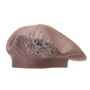 Béret tricoté pour femme avec strass floraux, chaud, coupe-vent, protection solaire, mode printemps-automne, polyester/coton, 50-52 cm, beige - Product Image 5