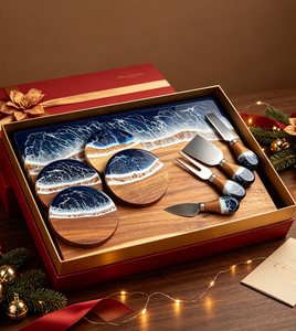 Tabla de Quesos de Madera de Acacia con Resina Efecto Olas del Océano, Tabla de Charcutería con Cuchillos para Queso y Posavasos, Plato de Madera para Servir, Ideal para Regalo - Product Image 6