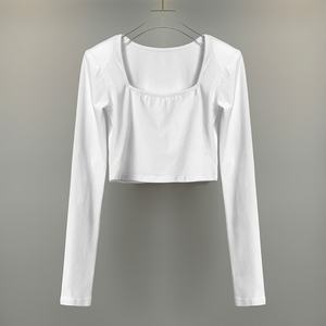 <span class=keywords><strong>Camiseta</strong></span> de manga larga con almohadilla de hombro corta informal para mujer Nuevo diseño de cuello cuadrado sexy Delgado - Product Image 6