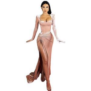 Robe maxi élégante en velours pour femmes, manches longues, bandage, soirée, club, longueur au sol, sexy, fendue <span class=keywords><strong>sur</strong></span> les robes longues pour femmes - Product Image 6