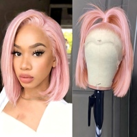 Perruque courte rose clair en cheveux humains, coupe bob, avec dentelle frontale invisible HD, cheveux raides Remy, pour femmes noires, usage quotidien