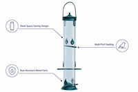 Comedero de Metal para Pájaros con Tubo Transparente, Puertos en Forma de Hoja, Percha y Base Estable, Resistente al Óxido, Ecológico