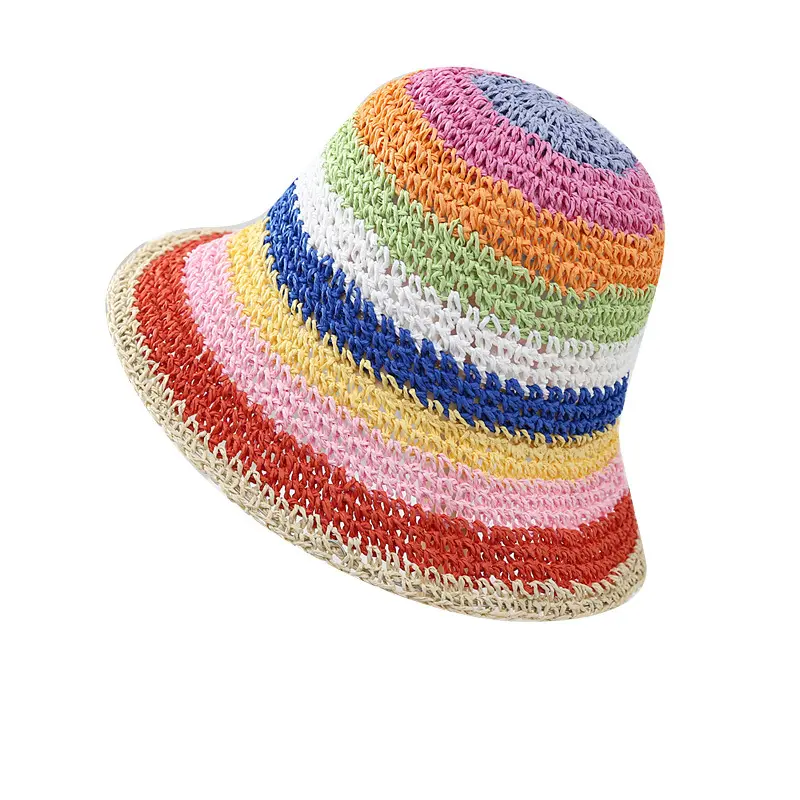 Соломенная шляпа ручной работы, радужная шляпа, солнцезащитный крем, затеняющая Кепка рыбака, плетеная полосатая Высококачественная вязаная соломенная шляпа
