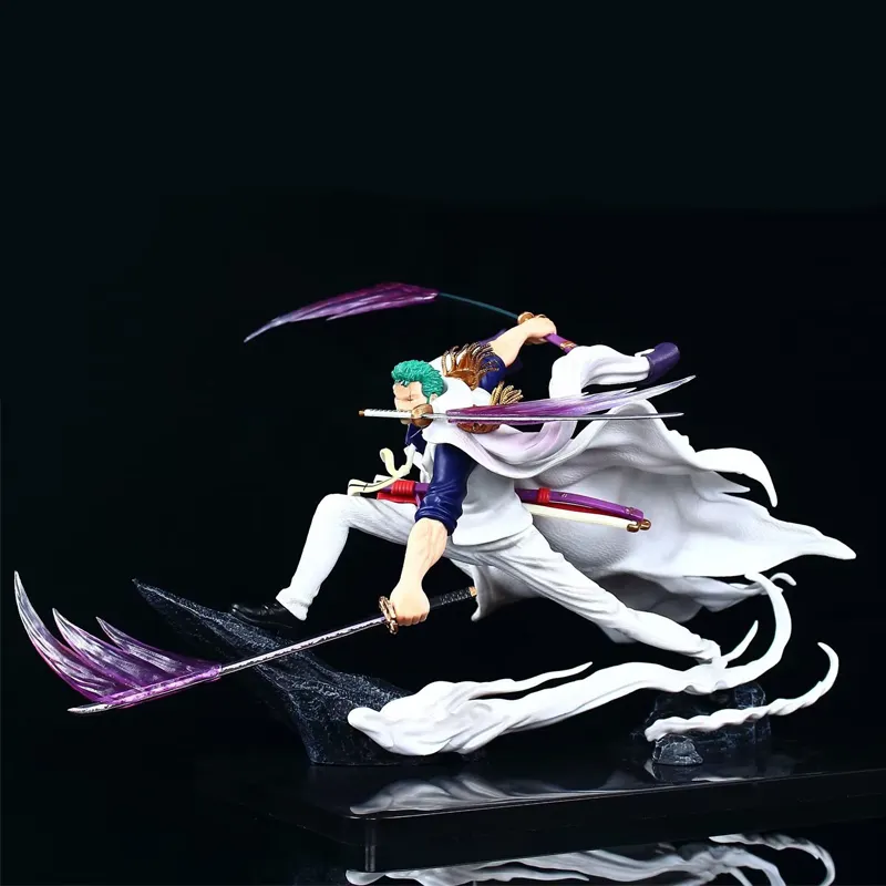 Nuevos modelos 28cm Dos estilos elegante Tres Flujo de cuchillo Una pieza Arma dual Posición de batalla Luffy Anime Figura Zoro