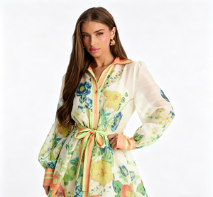 Abito chemisier floreale <span class=keywords><strong>da</strong></span> donna taglie forti, a maniche lunghe, casual, <span class=keywords><strong>da</strong></span> sera, mini, con cintura, per signore, modello A-Line, all'ingrosso, ODM - Product Image 1