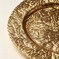 Assiette de présentation en plastique doré électrolytique de luxe, motif feuille en relief, pour mariage, hôtel, banquet, décoration de table