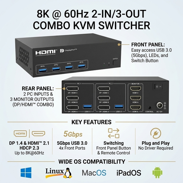 PINWEI 8K60 2-Port DP/HDMI KVM Switch 2 to 3 Monitors, HDMI 2.1 KVM Switcher USB 3.0 5Gbps Triple Monitor, Plug & Play