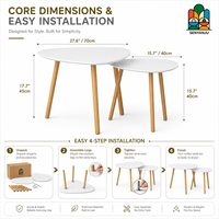 Ensemble de deux tables basses en forme de galet avec plateau blanc et trois pieds en bois, style scandinave moderne pour salon