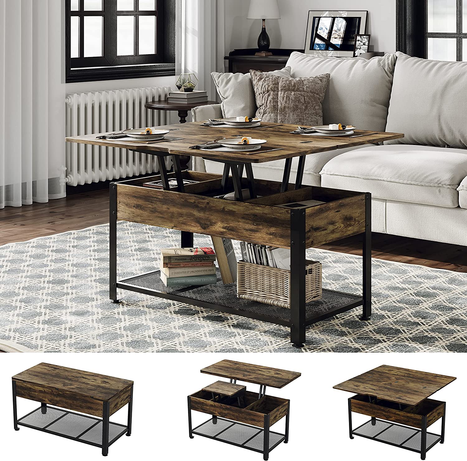 2 Way Lift Top Coffee Table with Hidden Compartment and Storage Shelves Retro Coffee Table with Metal Mesh for Living Room