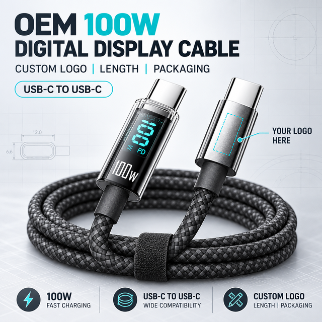 100W 5A E-Marker USB C to USB C Digital Display Fast Charging Cable Nylon Braided OEM Manufacturer Custom Logo Bulk