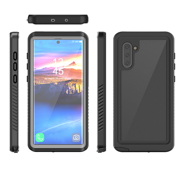 Flying Waterproof Shockproof Armor Design TPU PC 360 Full Body Case Built-In Screen Protector for Note 10 Plus Black