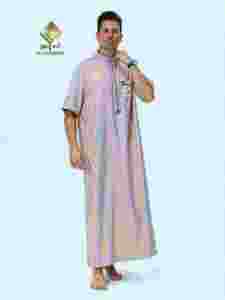 Al Haramain <b>Men</b> <b>Thobe</b> Cotton Stand Collar Short Sleeve Floor Length Modest Prayer Wear Solid Color Loose Fit - Product Image 4