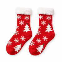 Chaussettes de Noël personnalisées pour femmes et hommes, chaussettes en tricot chaud d'hiver festives rouges avec motif de sapin de Noël et de flocon de neige, chaussettes en fourrure douce avec bordure en sherpa