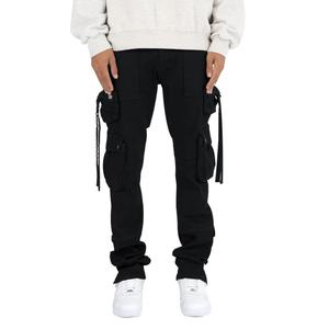 High Quality Customize logo Cotton Twill Fashion Slim Side Pockets Black <b>Cargo</b> <b>Pants</b> for Men - Product Image 2