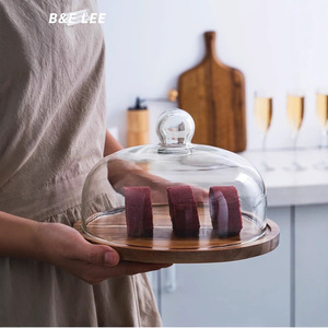 B&E LEE Bandeja para pasteles de madera de acacia con tapa de cristal para postres y servicio de fiestas - Product Image 1
