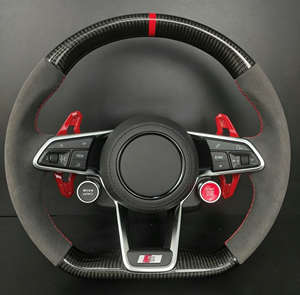 หนังคาร์บอนไฟเบอร์แท้สำหรับพวงมาลัย พร้อมแป้นเปลี่ยนเกียร์สีแดงและปุ่มสตาร์ท สำหรับ <span class=keywords><strong>Audi</strong></span> <span class=keywords><strong>A3</strong></span>/A4/A5/A6/Q3/Q5/Q7/S/<span class=keywords><strong>RS</strong></span> <span class=keywords><strong>Line</strong></span> - Product Image 1