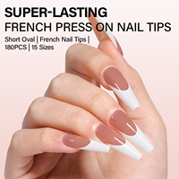 Uñas de Gel Largas Tipo Ataúd Listas para Usar, Diseño Francés Brillante, Set Profesional de 180 Piezas, 15 Tamaños, Fácil de Colocar, para Salón