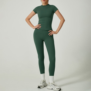 Nuovo Completo Sportivo da <span class=keywords><strong>Donna</strong></span> ad Asciugatura Rapida, Traspirante, con Maniche Corte e <span class=keywords><strong>Pantaloni</strong></span> Yoga a Vita Alta Modellanti, Set da Palestra per Donne - Product Image 4