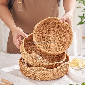 Natural Hand-Woven Circle Rattan Three-piece Set Eco-Friendly Durable Storage <b>Basket</b> for Home or Office Fruit & Candy <b>Tray</b> - Product Image 3