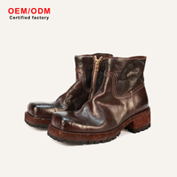 Sepatu Boots Wanita Premium Kulit Kuda Asli Model Ankle Platform Sol Tebal Ujung Persegi Jahitan Kontras Goodyear Welted Gaya Vintage untuk Kantor