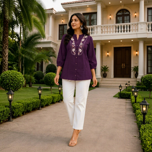 Ensemble Kurta en coton violet pour femmes avec pantalon blanc, coupe ample, vêtements décontractés, style Inde Pakistan, toutes saisons - Product Image 1