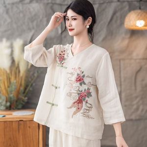 Chinese Style Embroidered Linen Blouse Women's Summer Loose Fit Tea Dress With Chinese Knot Buttons Off White Red Pink Purple - Product Image 1