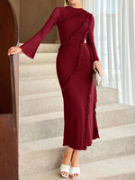 Gaun Midi Chiffon Wanita Model Eropa Gaya Pesta Lengan Terompet Desain Ruffle Slim-fit Rok Panjang Produksi Pabrik