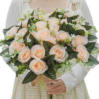 Bouquet de 24 roses artificielles en tissu de soie pour mariage et décoration intérieure, vente en gros, support OEM