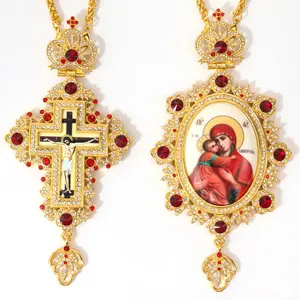 Customized Red Stones Alloy Greek Orthodox Jesus and Mary Pectoral Cross Necklace with Free Spiritual Gift Box