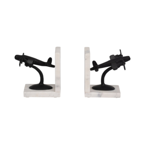 Fermalibri a forma di aeroplano in metallo su base in marmo, decorazione moderna per la casa, la libreria o il tavolo d'ingresso, divertenti fermalibri. - Product Image 1