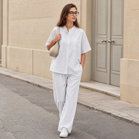 Ensemble pyjama en coton pour femmes, col mandarin, boutons, haut à manches courtes, pantalon à jambes larges, vêtements de détente en seersucker SOFT13