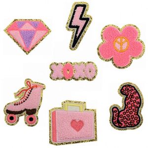 Nouveau Patch en Chenille Thermocollant Rose Vif avec Bord Doré, Motifs Fleur, Lumière, Sac à Main, Patineur, Lunettes de Soleil pour Vêtements et Sacs - Product Image 4