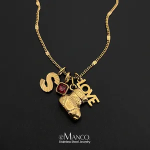 Collana Minimalista da Donna EMANCO in Acciaio Inossidabile a Tema Festa, con Ciondoli Multielemento a Forma di Lettera LOVE e Cristalli Rossi, Gioielli con Catena a Maglie - Product Image 1